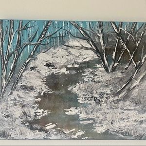Icy lake winter landscape painting